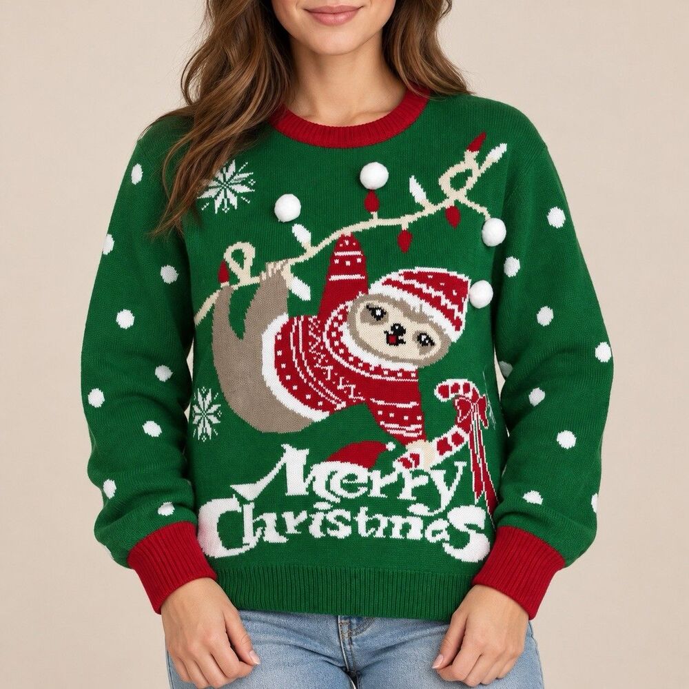 NWT Simplee Sloth Christmas Sweater (M) Green Merry Christmas Ugly Holiday Knit